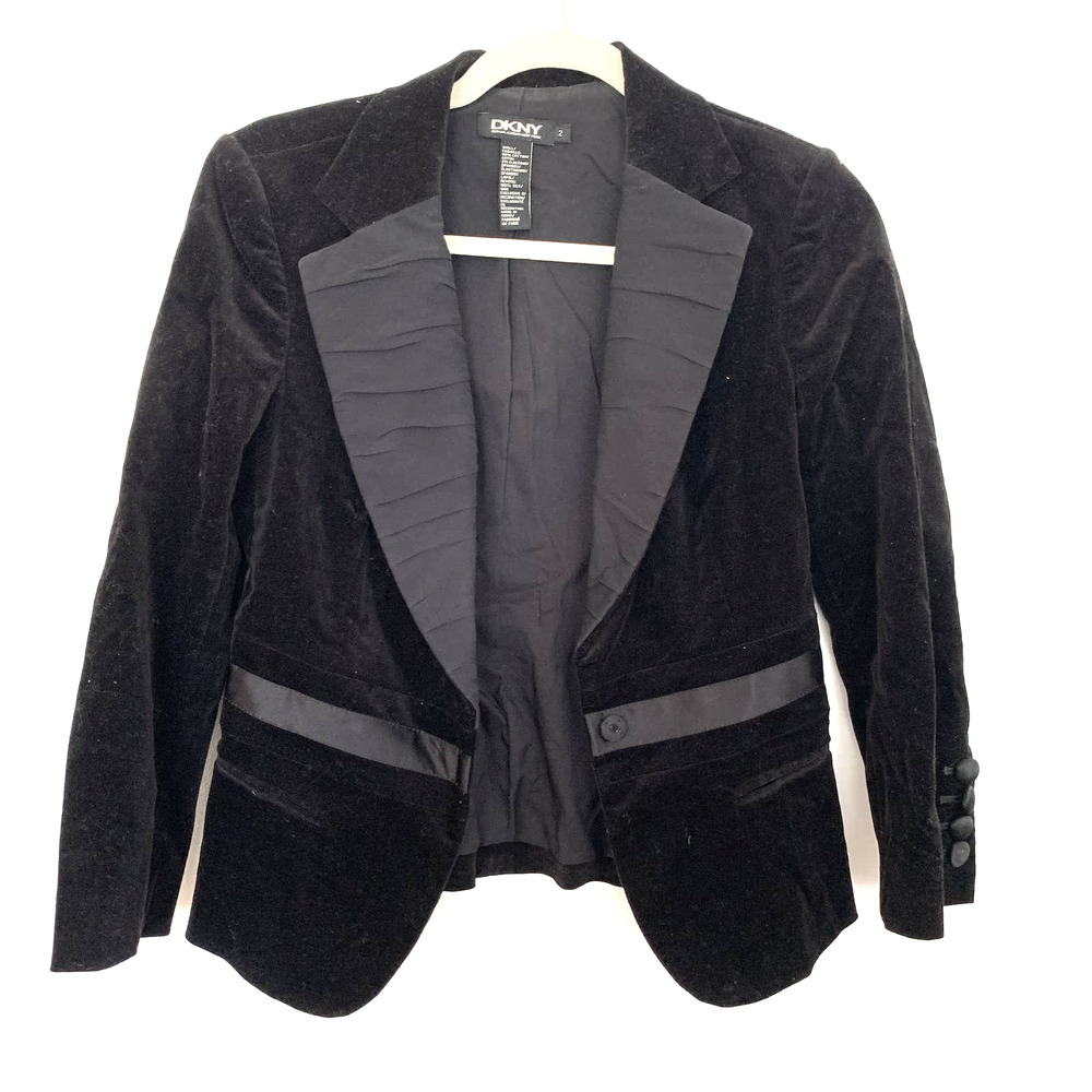DKNY Black Velvet One Button Long Sleeve Blazer Jacket 2 - Picture 2 of 4